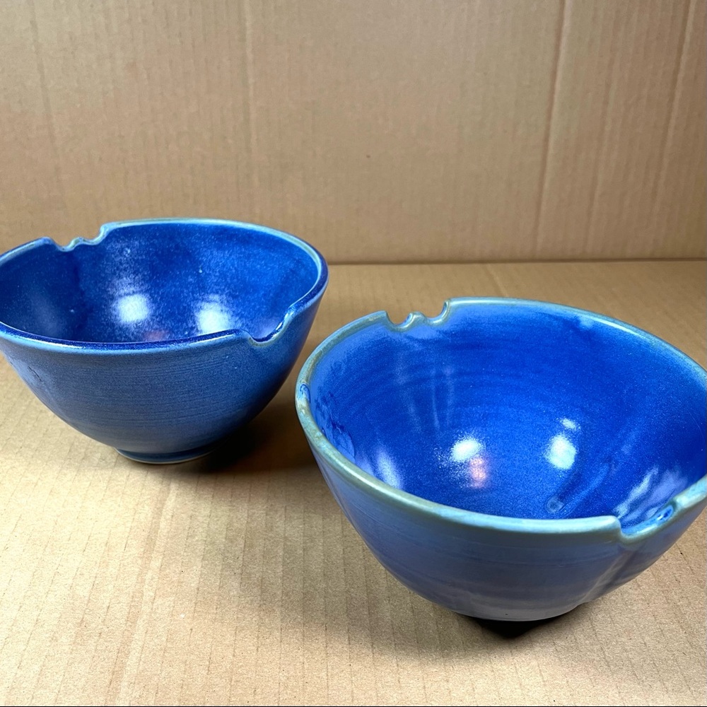 Set of 2 blue HANNA glazed pottery noodle bowls